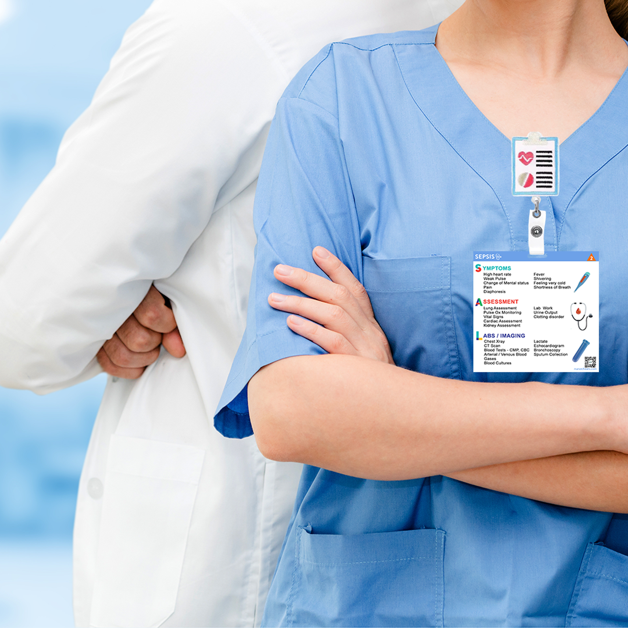 This image shows a NurseCheats.com Sepsis Badge Buddy, a practical tool designed to give nurses and other healthcare providers quick access to crucial sepsis information at the point of care, aiding in early identification and timely intervention.