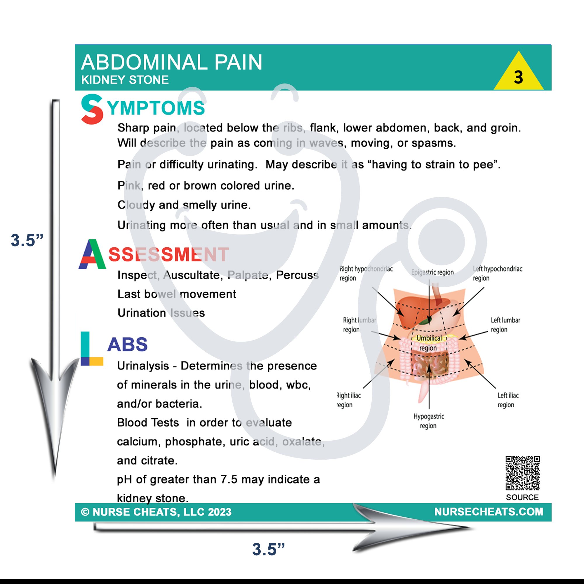 Our kidney stone badge buddy measures 3.5" W x 3.5" H.