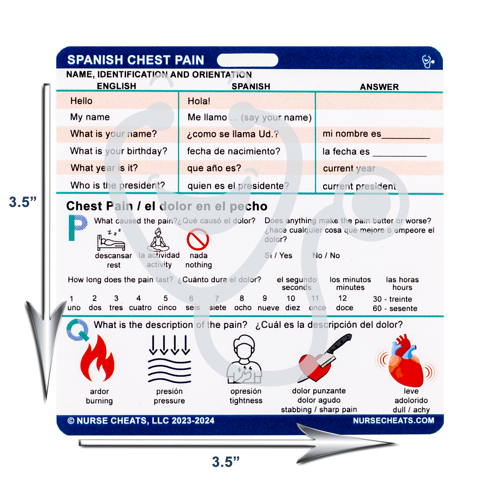 Our medical spanish chest pain assessment badge measures 3.5" x 3.5"