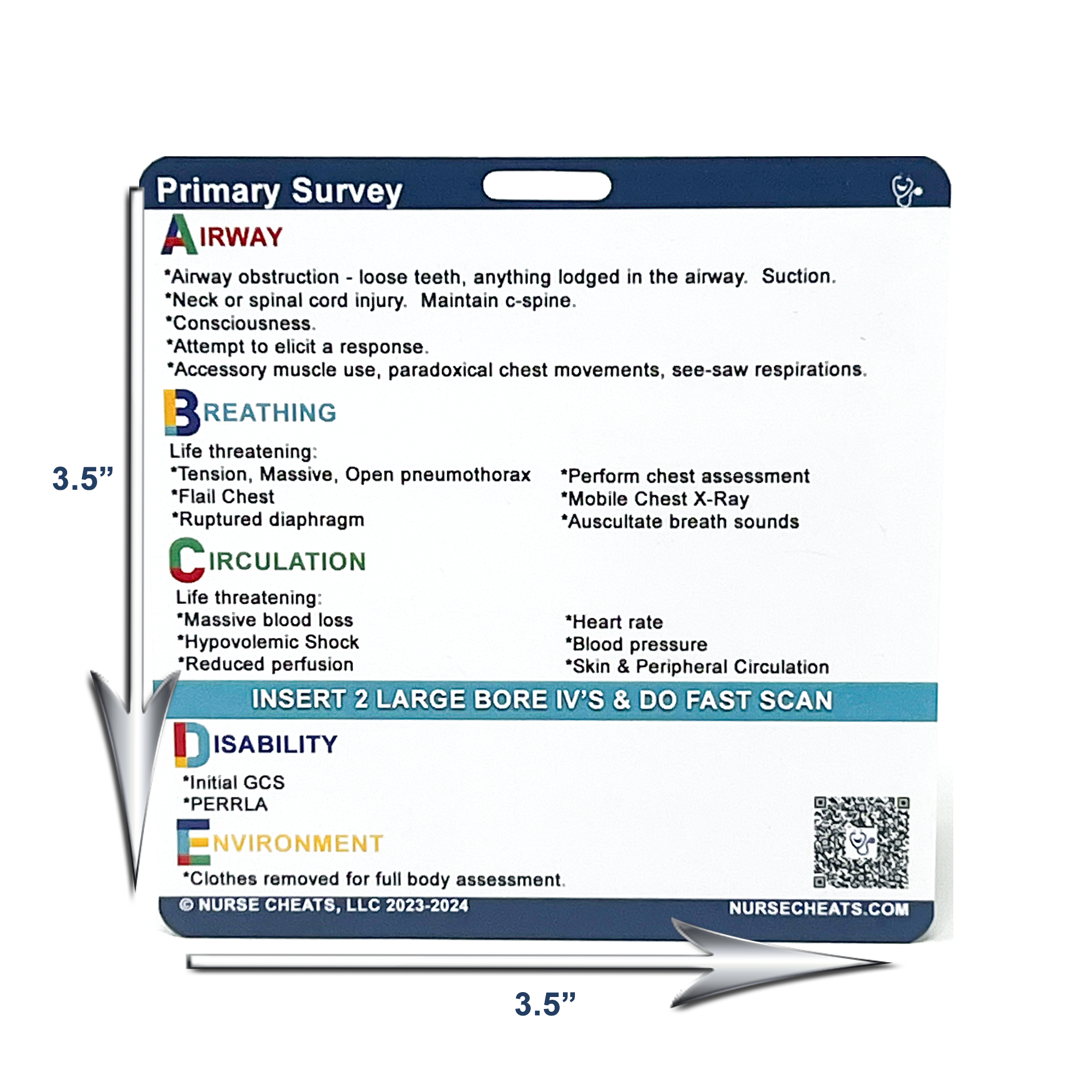 The NurseCheats.com Primary Secondary Survey Badge Buddy, measuring 3.5 inches by 3.5 inches, designed to provide essential trauma assessment steps (ABCDE, AMPLE) in a compact, badge-attachable format.