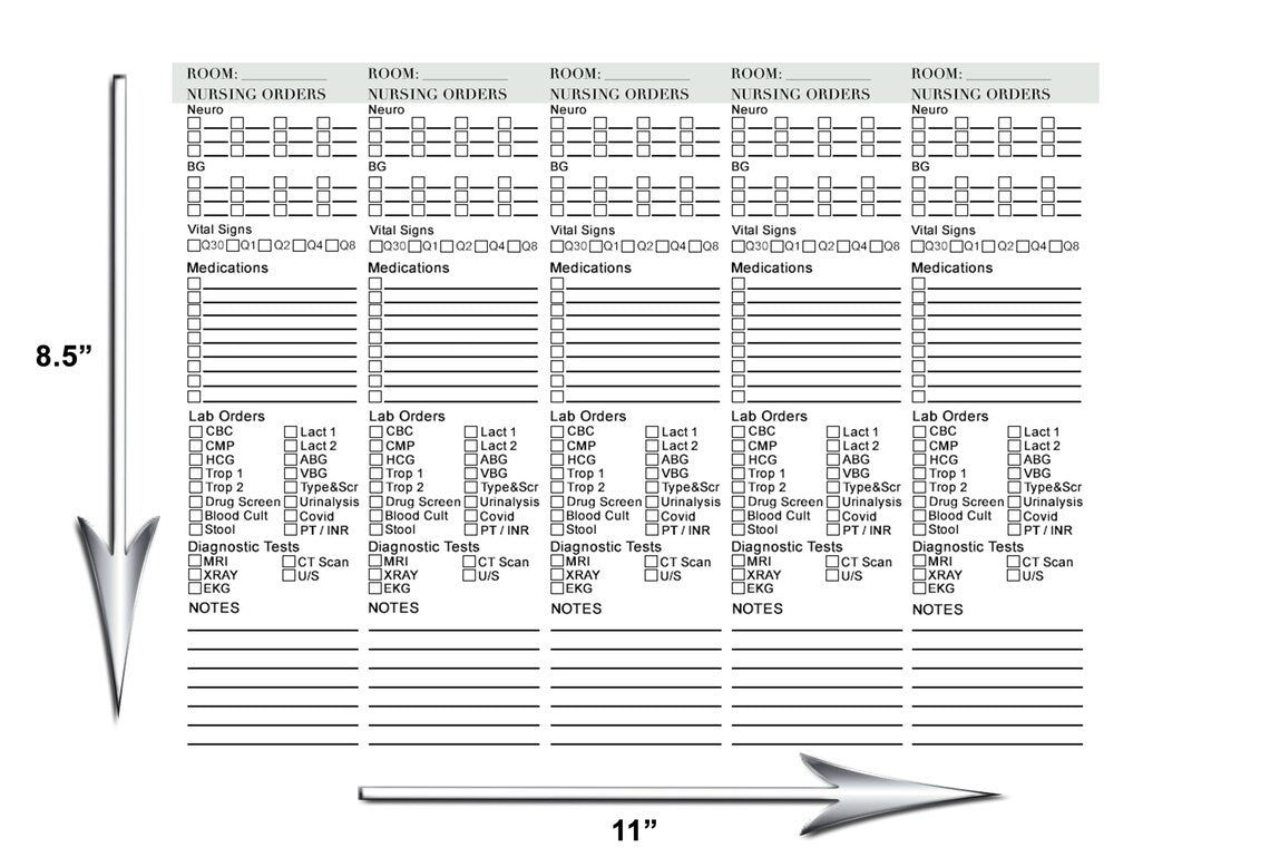Our Emergency Checklist for Nurses is a 11" W x 8.5" H sheet in landscape orientation