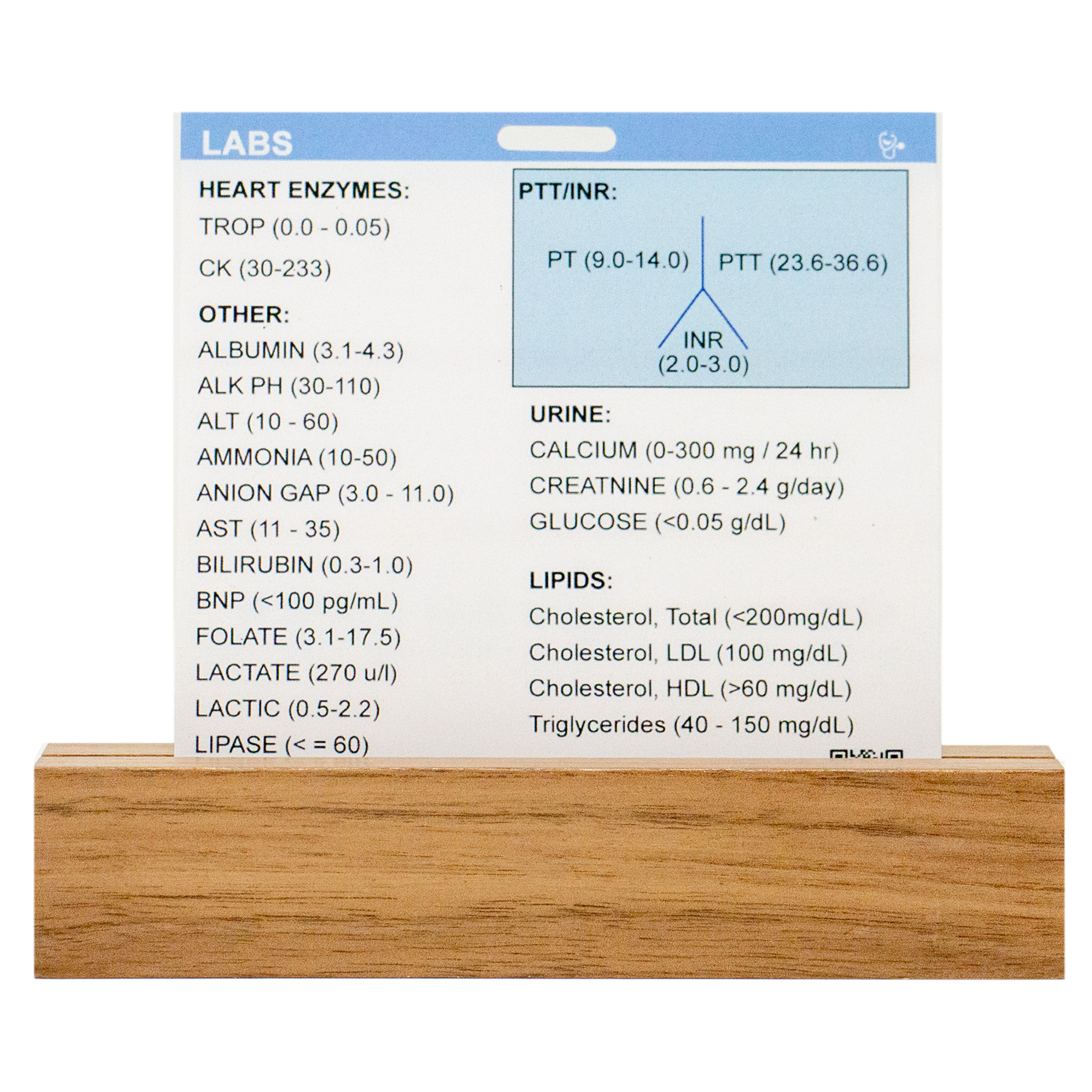 Side two of our lab values badge buddy contain heart enzymes, PT/INR , Lipids, urine and other labs collected through the course of being a professional nurse.