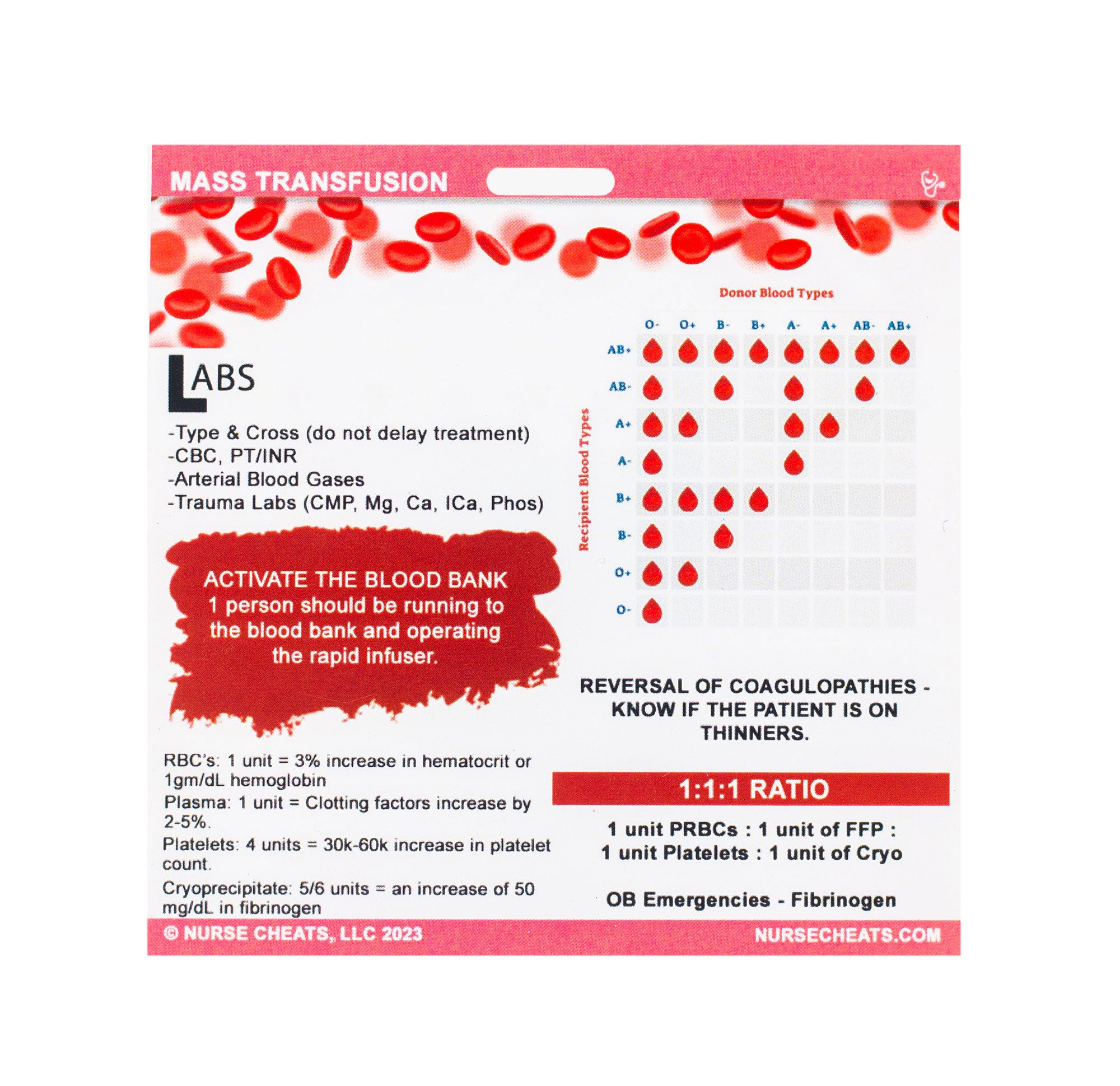 This Mass Transfusion Protocol badge is invaluable for trauma nurses.  Contains information related to Mass Transfusion protocol for traumas.  Includes protocols, reversal agents, and more. <meta charset="utf-8">Our Mass Transfusion protocol badge is perfect for new trauma nurses.