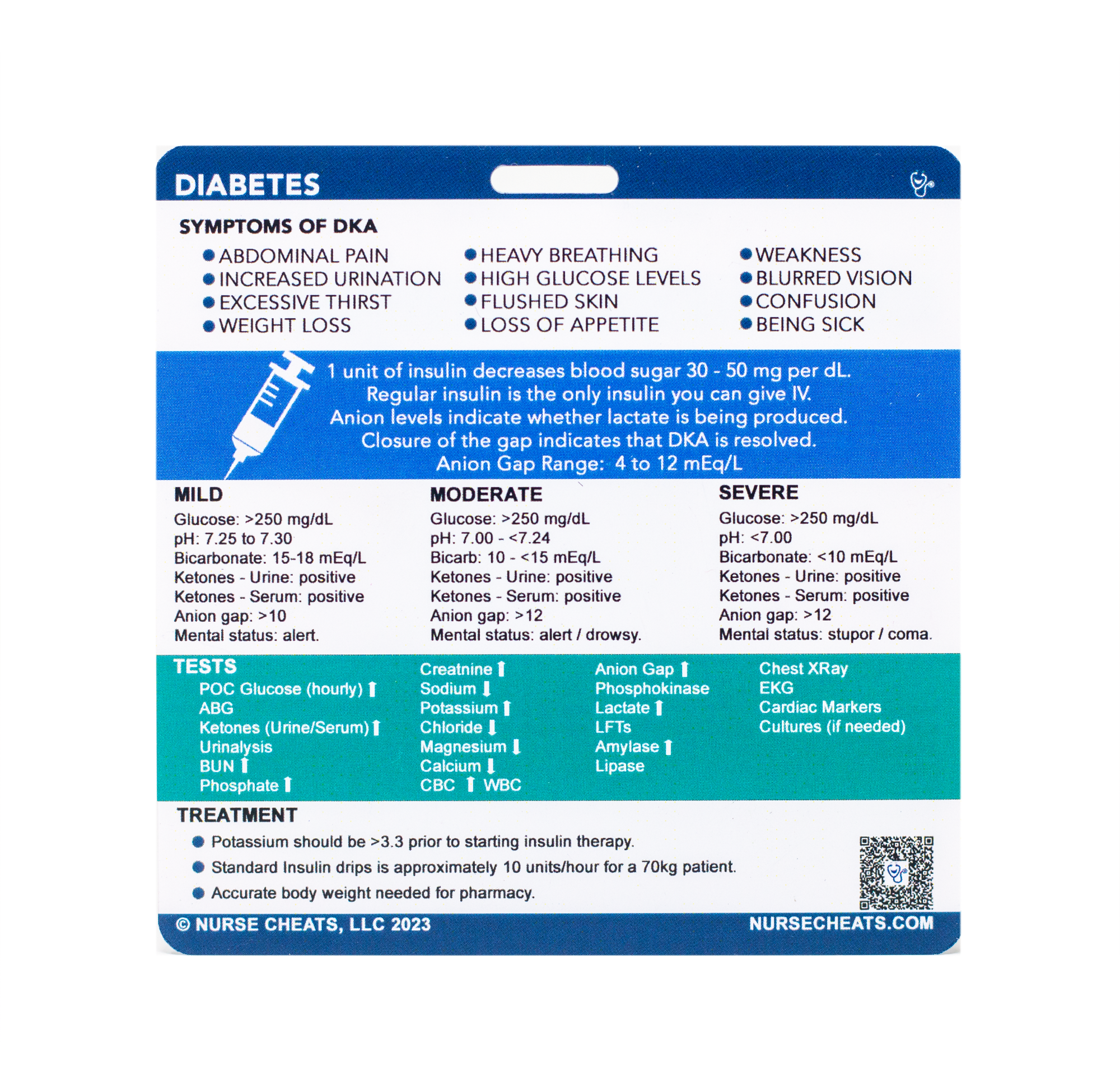 Our diabetic badge contains onset times, peak times and duration as well as risk factors and critical patient education information information. This badge companion is perfect for nurses in all specialties.