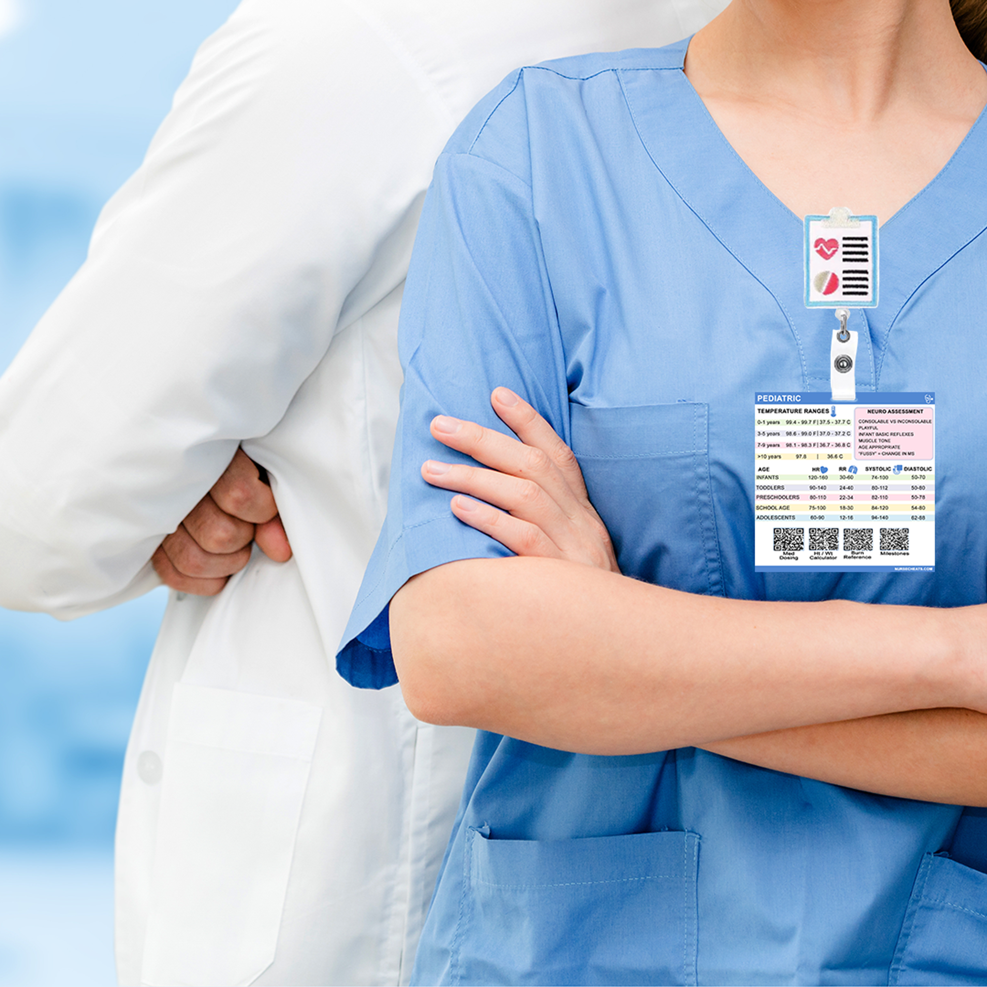 This pediatric reference badge has vital signs, immunization schedule, neuro exam, qr codes for burns, height / weight percentile calculator, milestones and dosage calculator. Helpful for pediatric nurses.