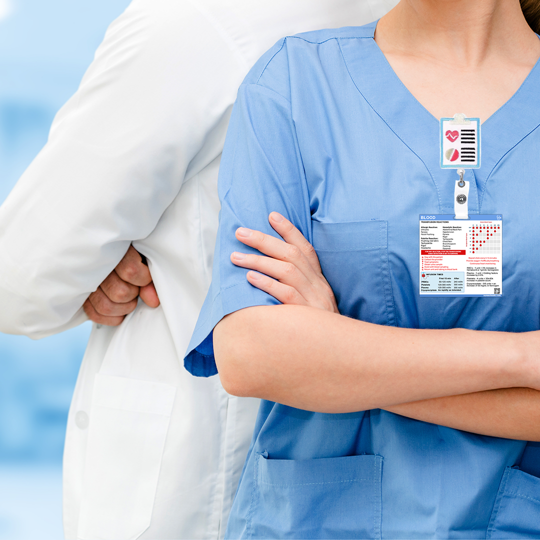 Fluids / Blood Transfusion Badge buddy for inpatient and student nurses.