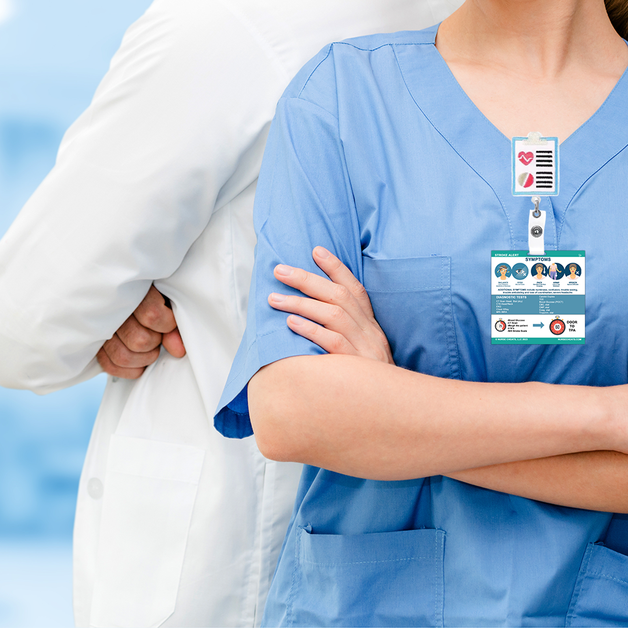 Side 1 of our stroke alert badge buddy contains Symptoms, Diagnostic Tests, Timing for Stroke Arrivals. Side 2 of our stroke alert badge buddy contains Nursing Care & Medications