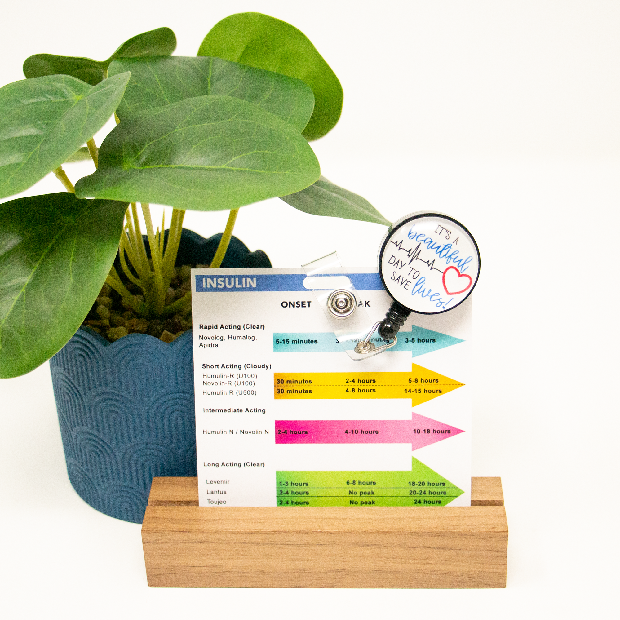 Our insulin badge buddy contains insulin types, onset times, peak times and duration. Always verify medications.