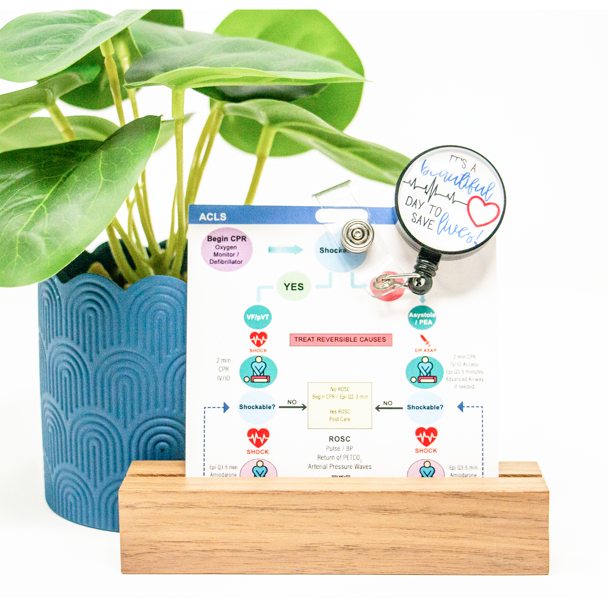 This badge is the algorithm for ACLS. It also contains emergency medication doses, cpr ratios, and AED operation instructions. This is a MUST-HAVE for nurses.