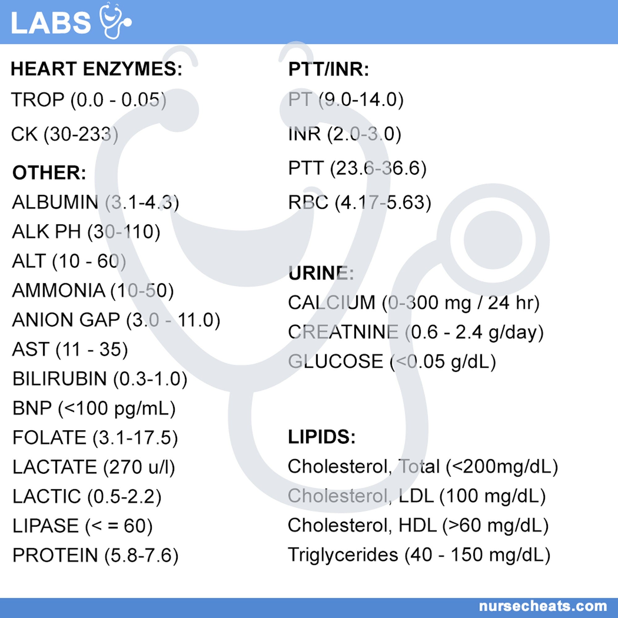 Side two of our lab values badge buddy contain heart enzymes, PT/INR , Lipids, urine and other labs collected through the course of being a professional nurse.