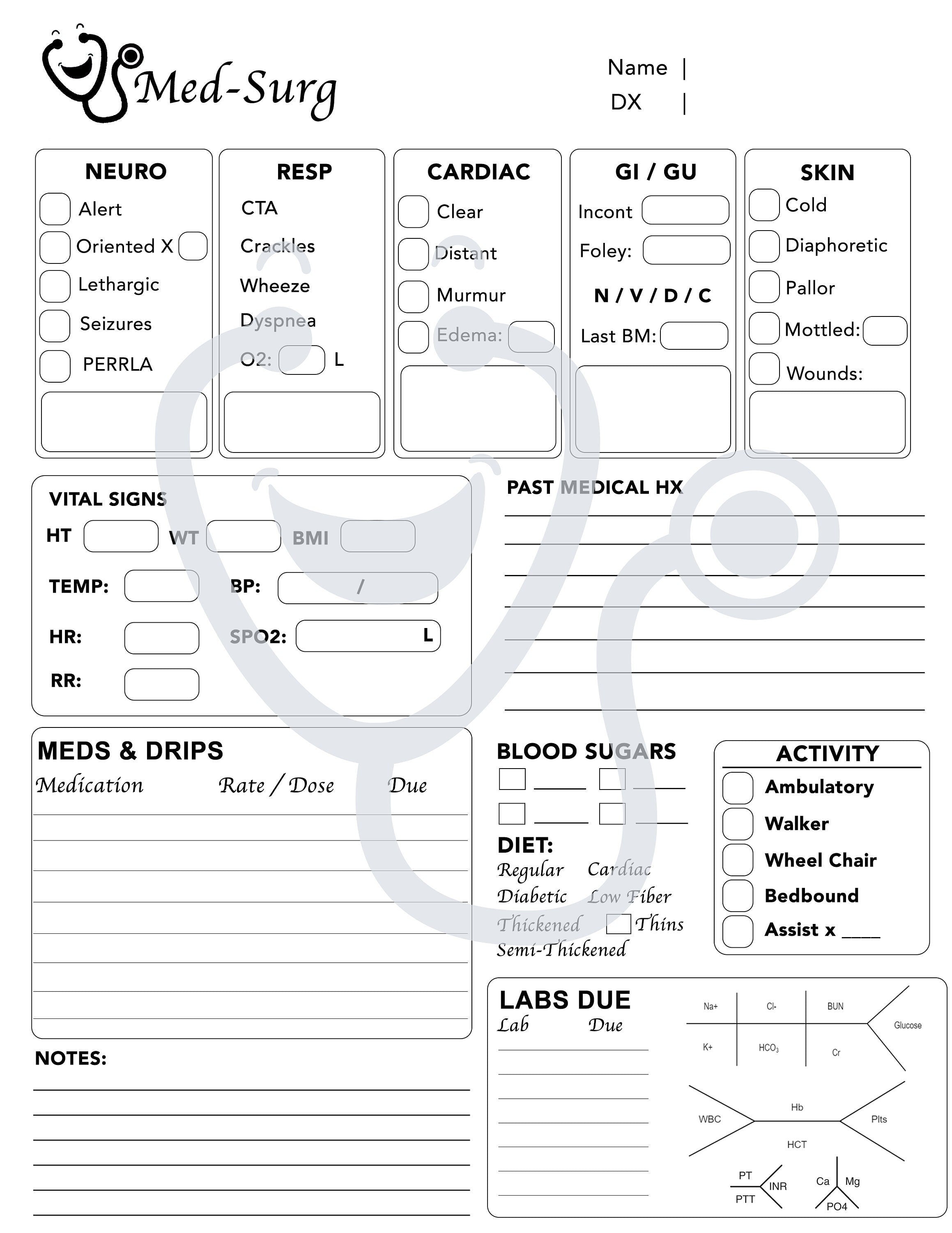 Medical Surgical Brain sheet for nurses in the field. Convenient and organized for the Med Surg specialty.