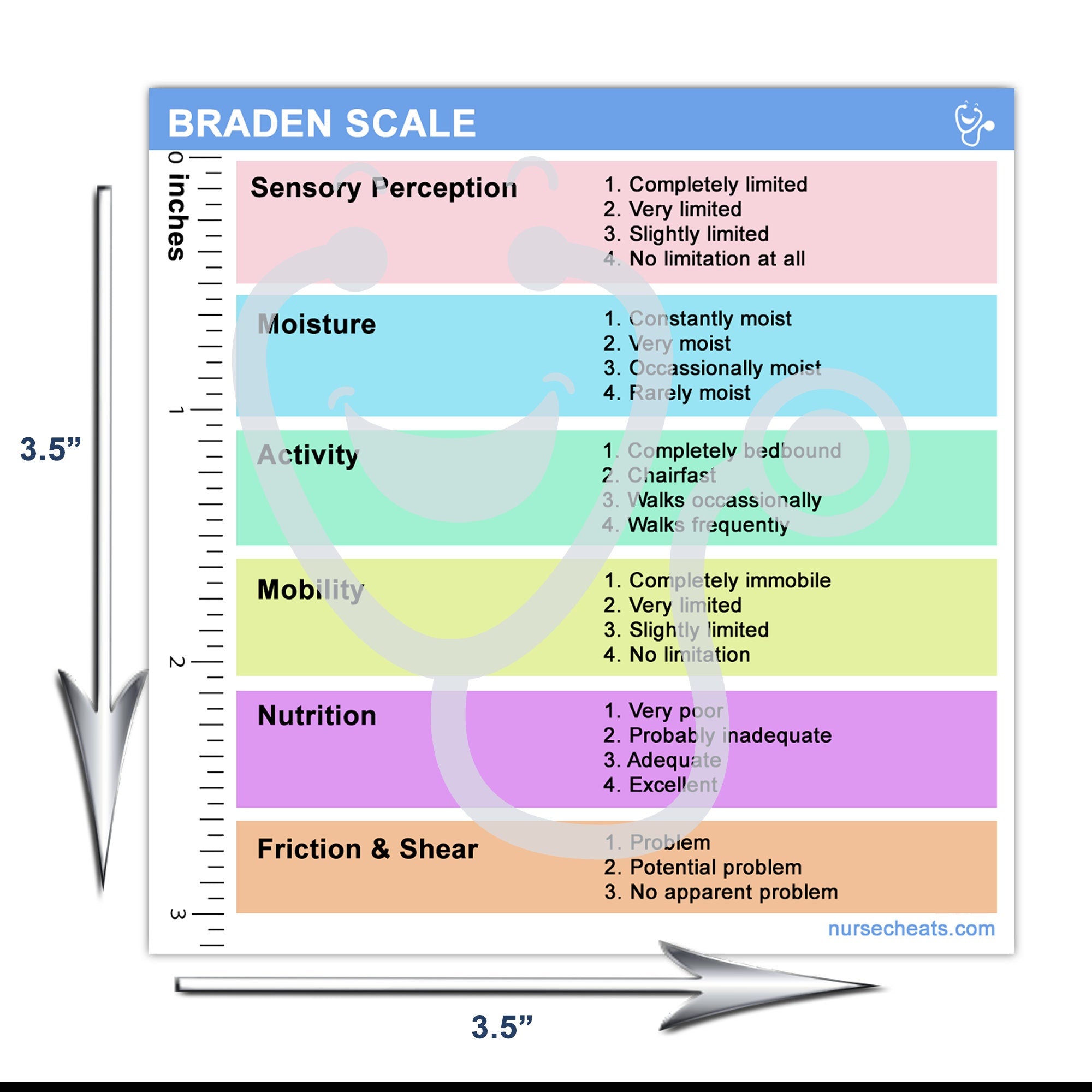Our wound care badge buddy for inpatient nurses measures 3.5" W x 3.5" H.