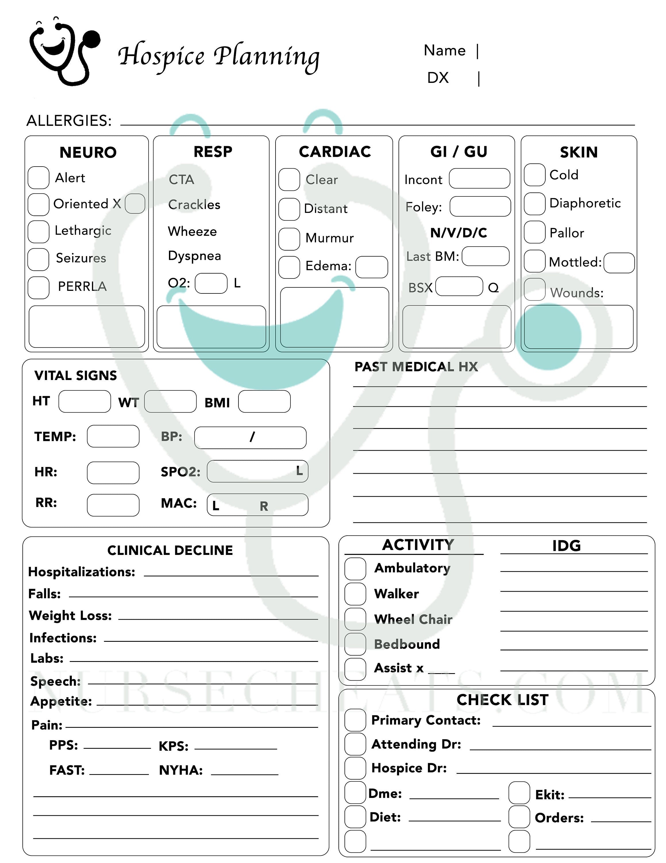 Our Hospice Assessment form is perfect for nurses in the role of Hospice Nurse.