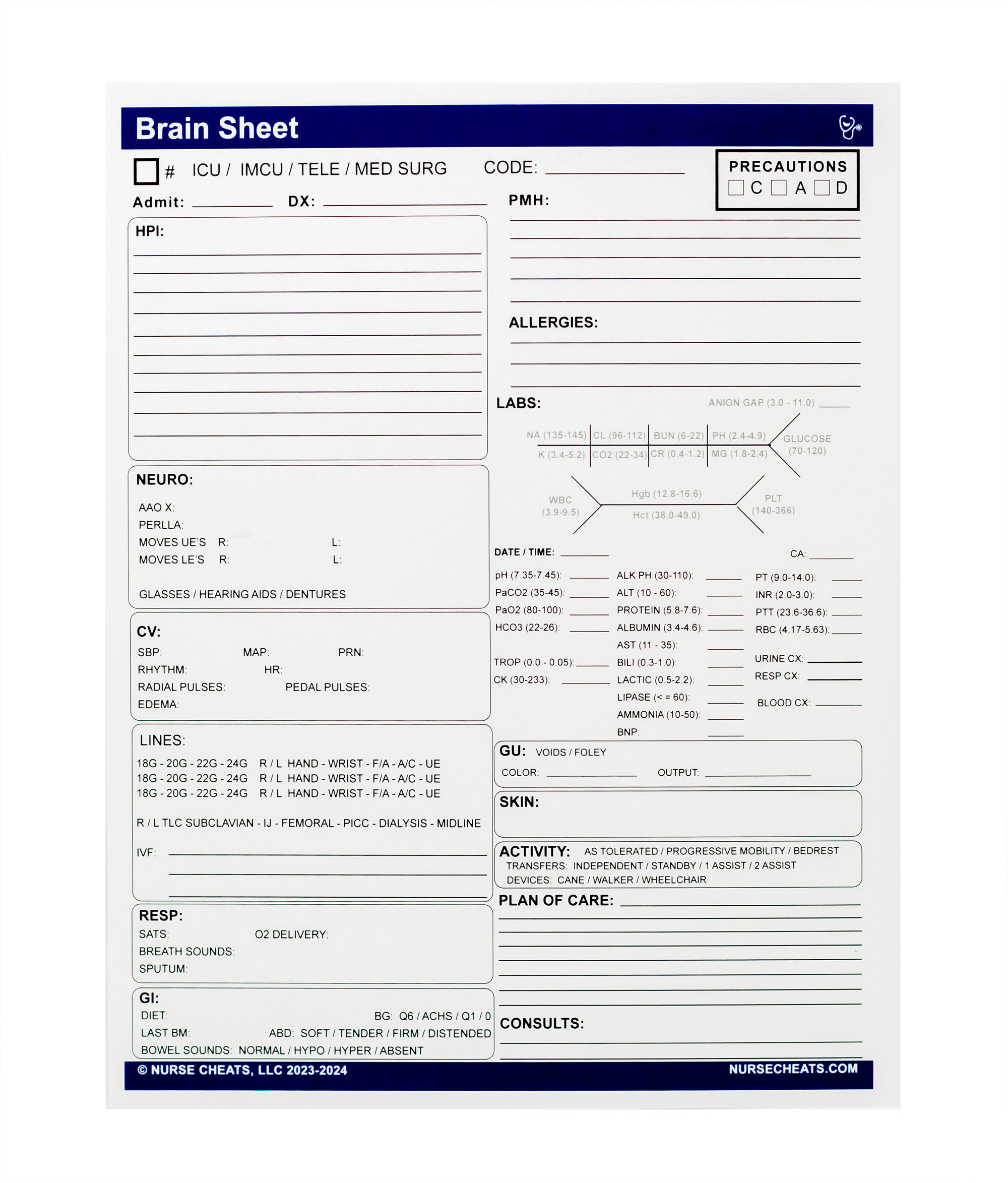 This 2-page detailed form designed by an ICU nurse contains a system assessment on the front including labs and lines. On the back is hourly updates. Can be used for multiple days. See our video below on how best to use our ICU Brain Sheet&nbsp;