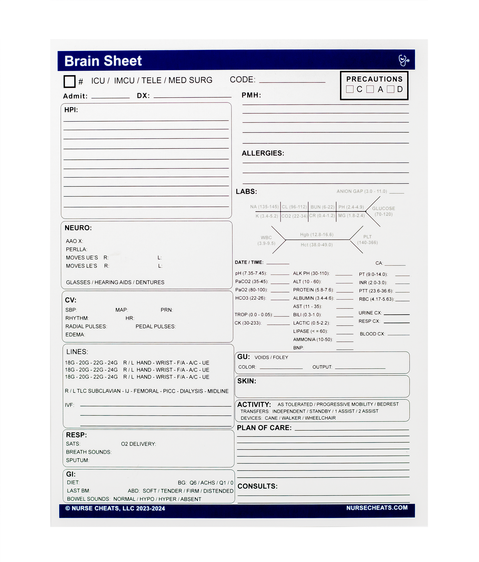 This 2-page detailed form designed by an ICU nurse contains a system assessment on the front including labs and lines. On the back is hourly updates. Can be used for multiple days.