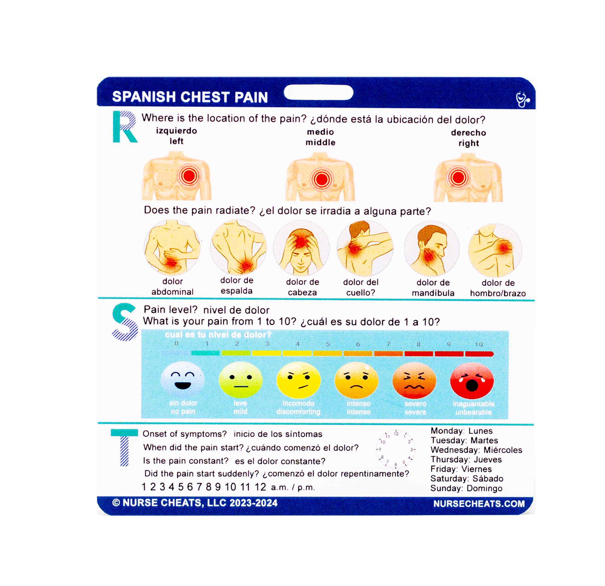 Our second in our medical Spanish series covers a chest pain assessment using the PQRST assessment strategy. Do not get caught without an interpreter when you need it. This badge is perfect for all nurses with a large Spanish population.