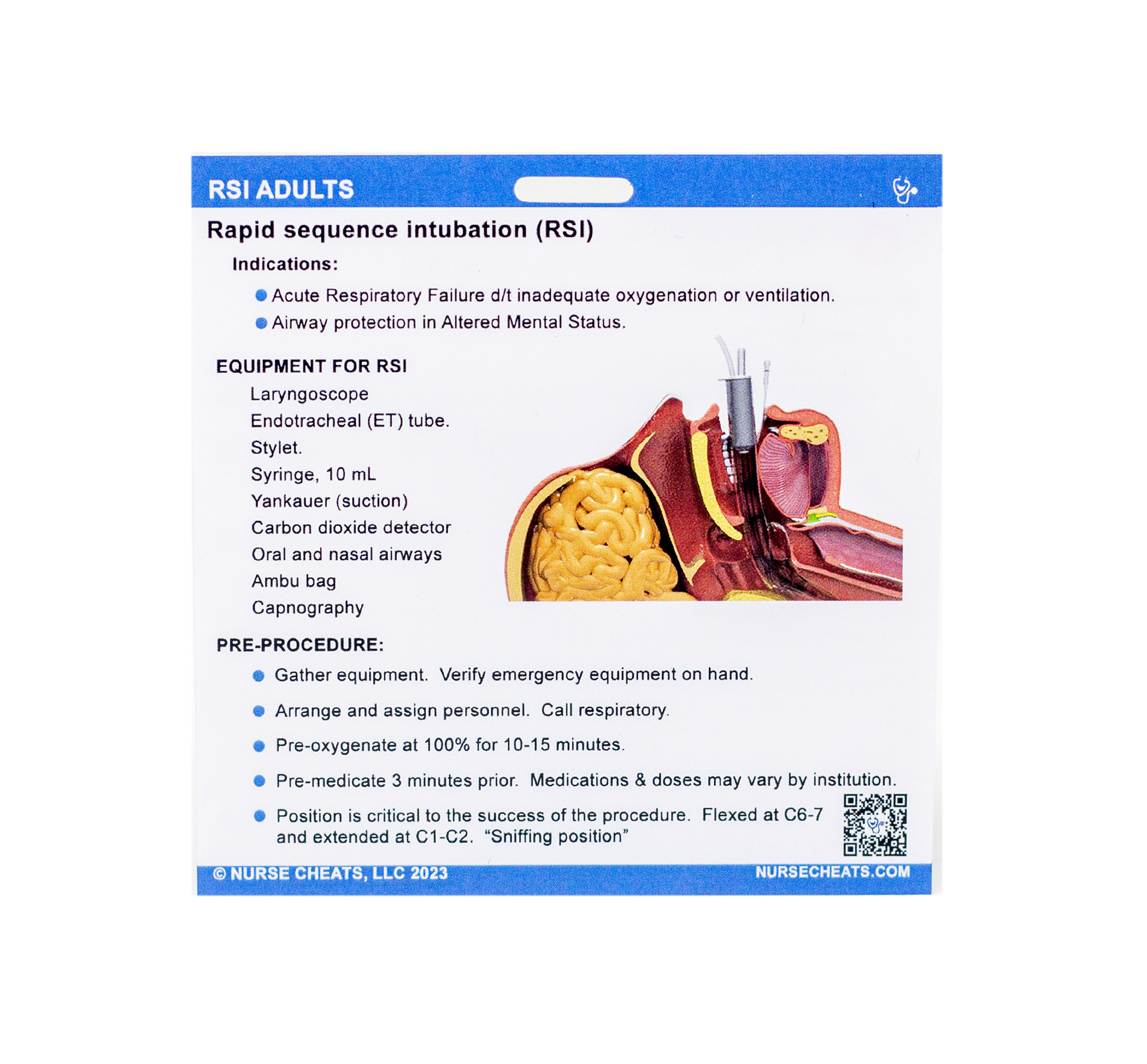 Side one of our rapid sequence intubation badge buddy has indications, equipment, and a pre-sedation checklist.