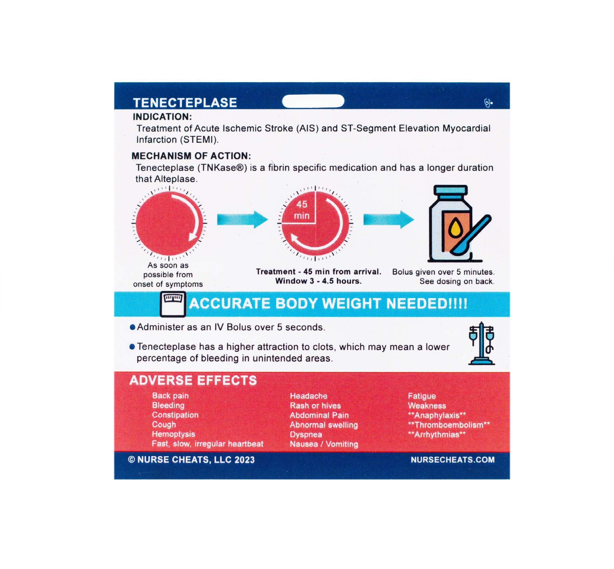 This is an alternative to TPA. This badge contains critical information for the administration of this therapy. This badge is perfect for inpatient care nurses who deal with the treatment of Strokes.