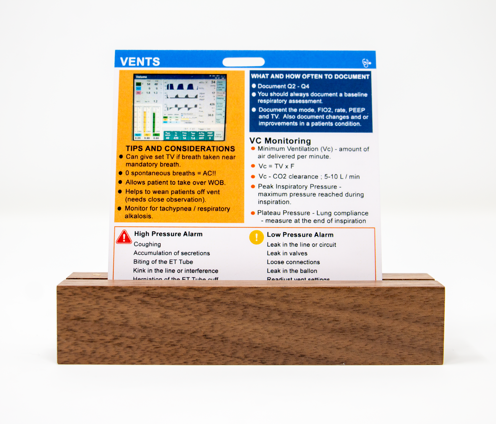 Our Vents badge for inpatient nurses is a critical badge to have if you work anywhere there are bi-paps and ventilation.  It contains necessary information including alarms, monitoring tips and more.