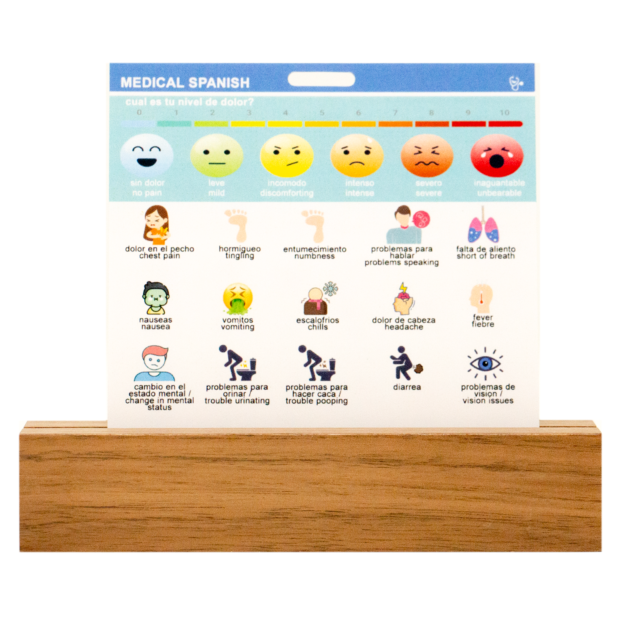 Side 2 of our medical Spanish badge buddy contains a pain scale in English / Spanish as well as presenting symptoms in both English / Spanish