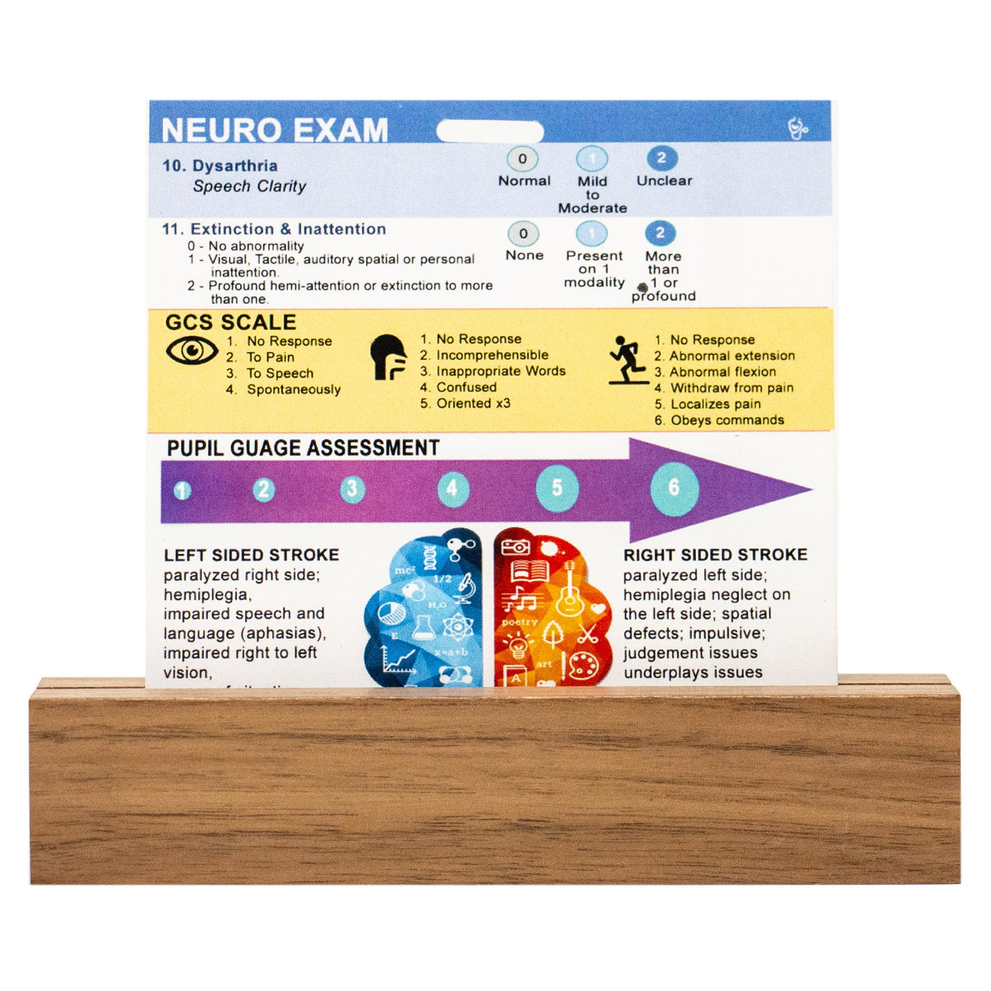 Side two of our stroke scale badge buddy contains scale items 10 & 11, as well as GCS, and stroke symptoms by side of infarction.