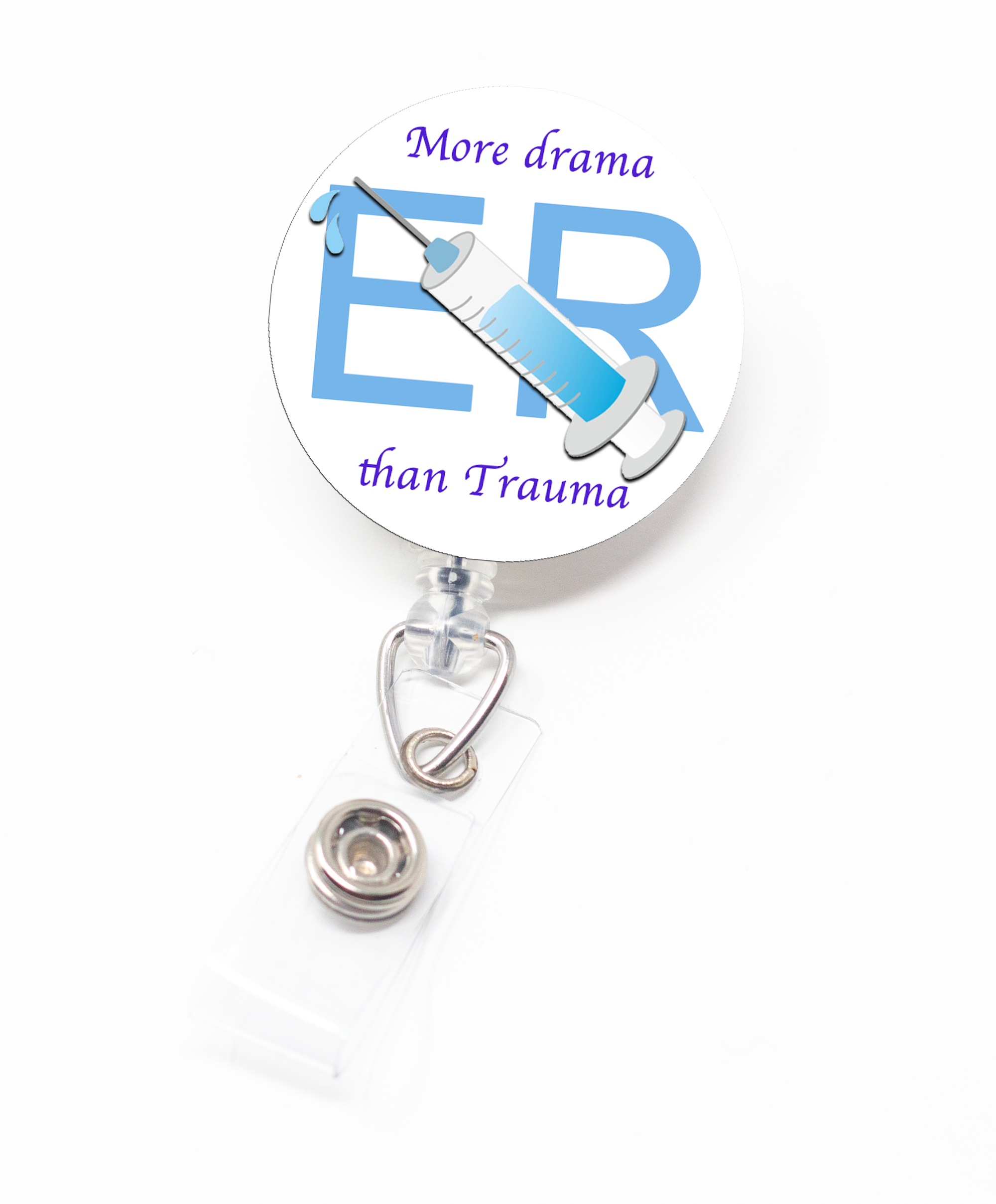 More drama than trauma.  This badge reel has a circumference of 1.5". &nbsp;It is made with resin and latex. &nbsp;The badge pull is 26" and has a longer pull.&nbsp; Great for ER Nurses.