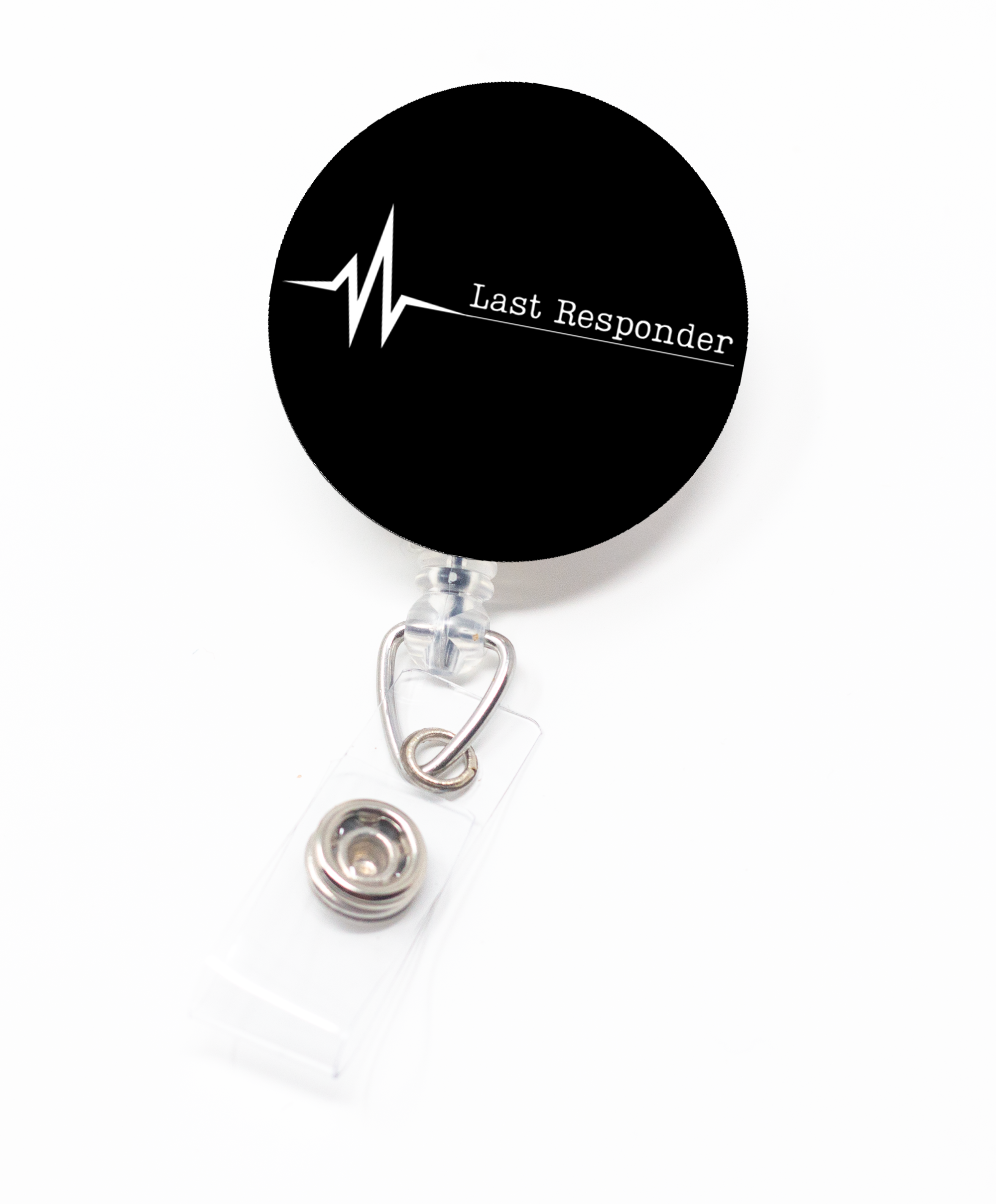 Our last responder badge reel for Hospice Nurses measures 1.5" x 1.5" with a black background and white lettering.