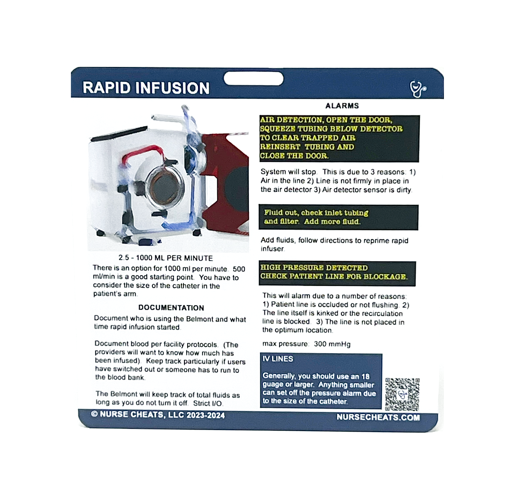 This image showcases a NurseCheats.com Belmont Rapid Infusion Badge Buddy, a handy tool for nurses and clinicians to quickly access essential information for operating the Belmont rapid infuser efficiently and safely.