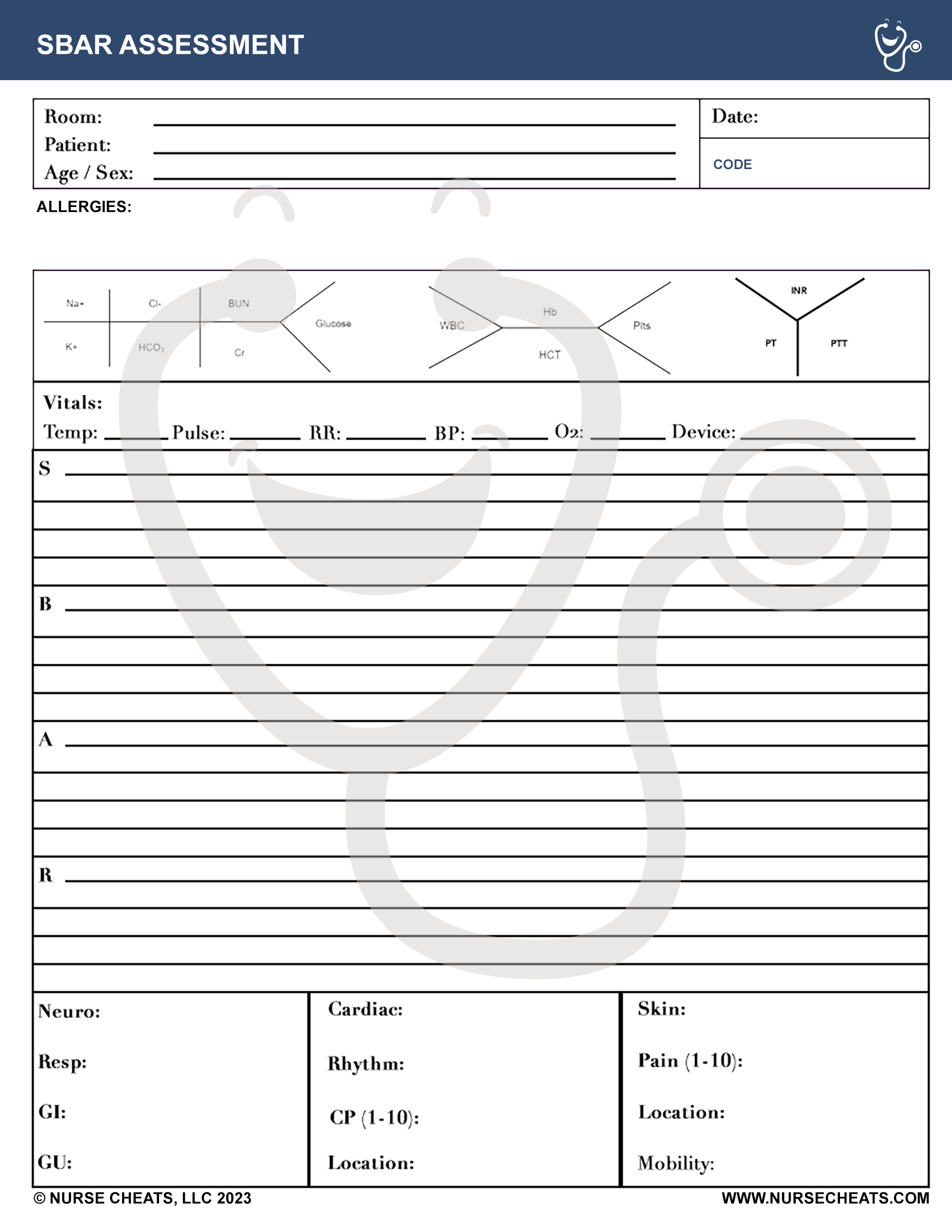 SBAR Assessment Sheet for Nurses and Nursing School. SBAR is the standard for communication in Nursing.  This form is a short form that will help you communicate in a standard and concise way.