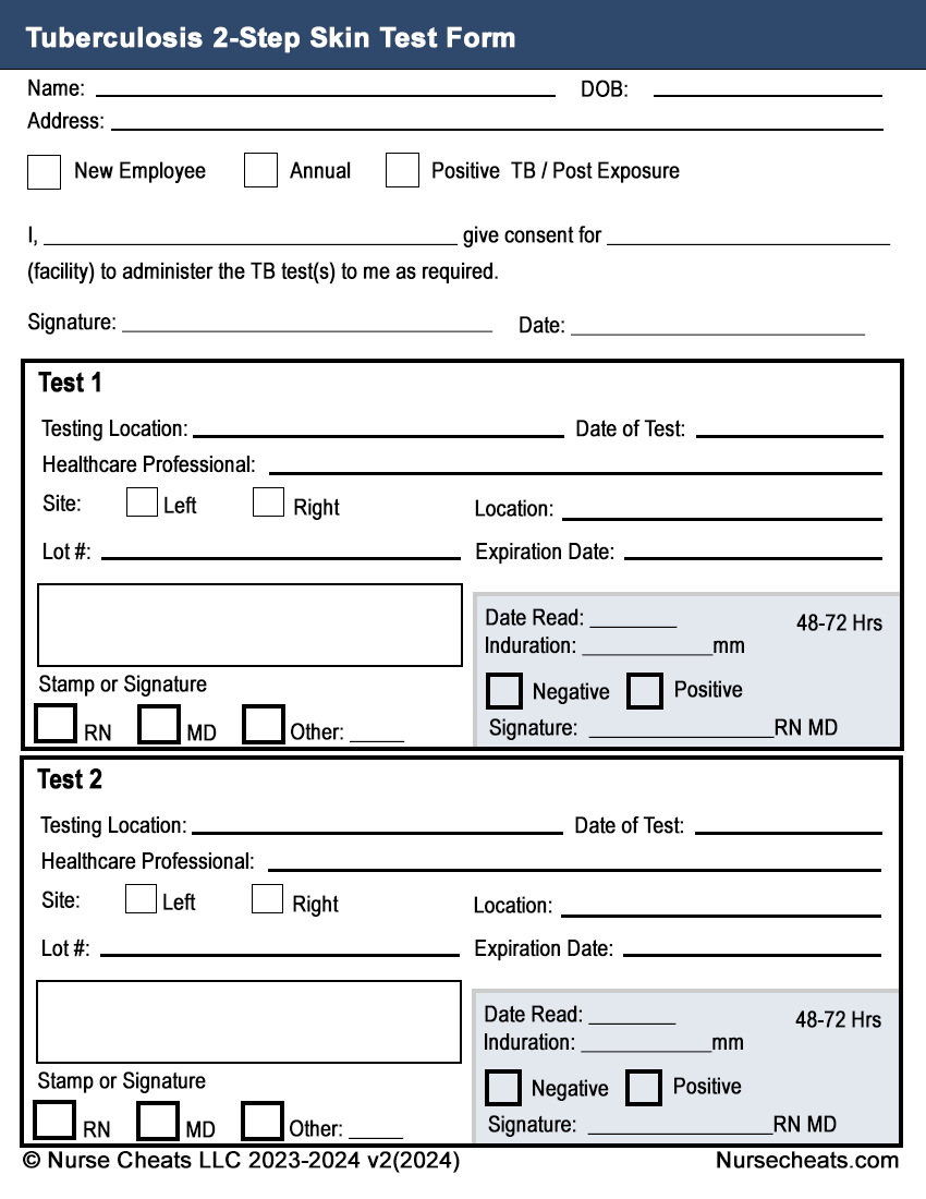 This two (2) step Tuberculosis form is perfect for nurses that are seeking out new careers and need a blank two step TB form for their new employer.