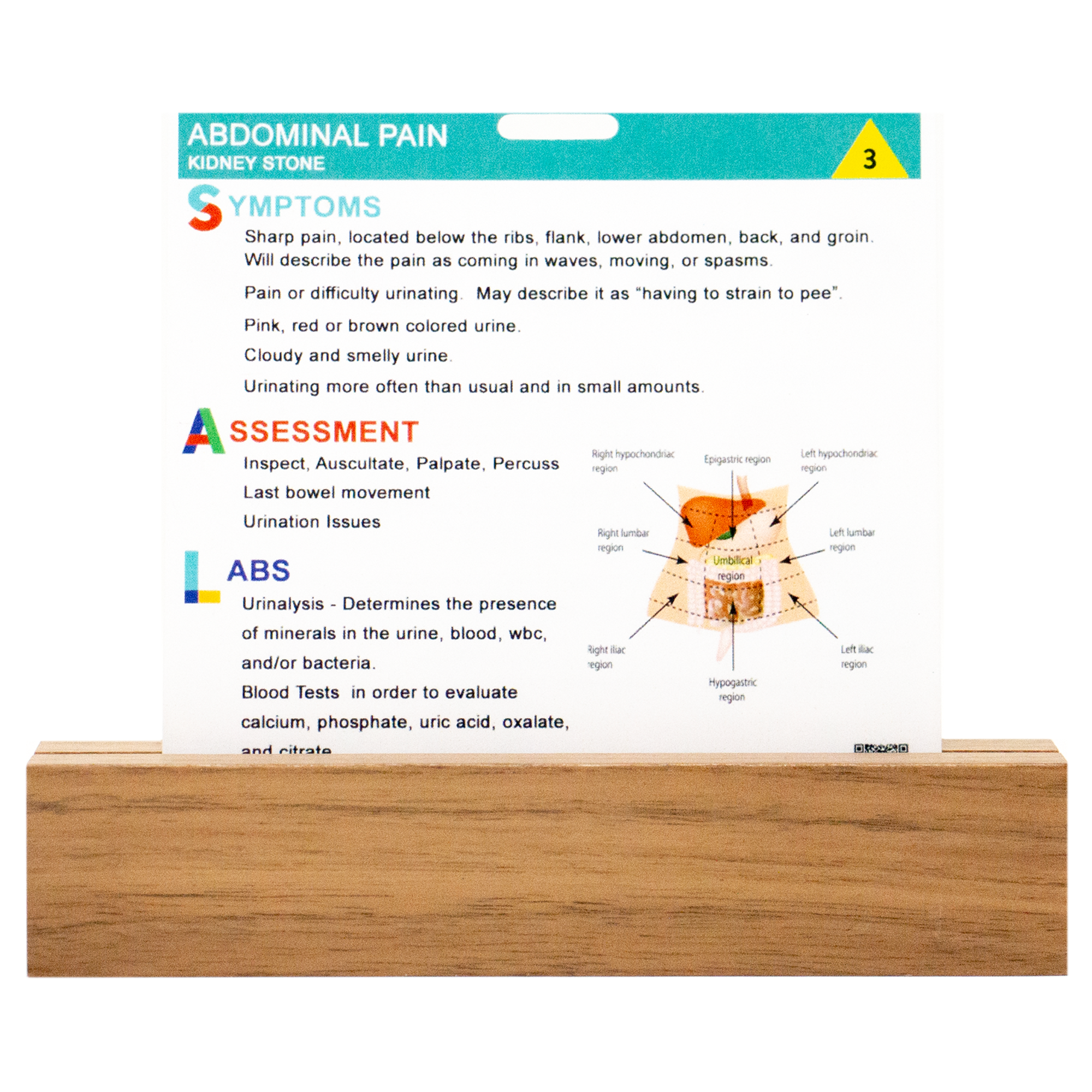 Side one of our kidney stone workup badge buddy contains symptoms, assessment and labs.