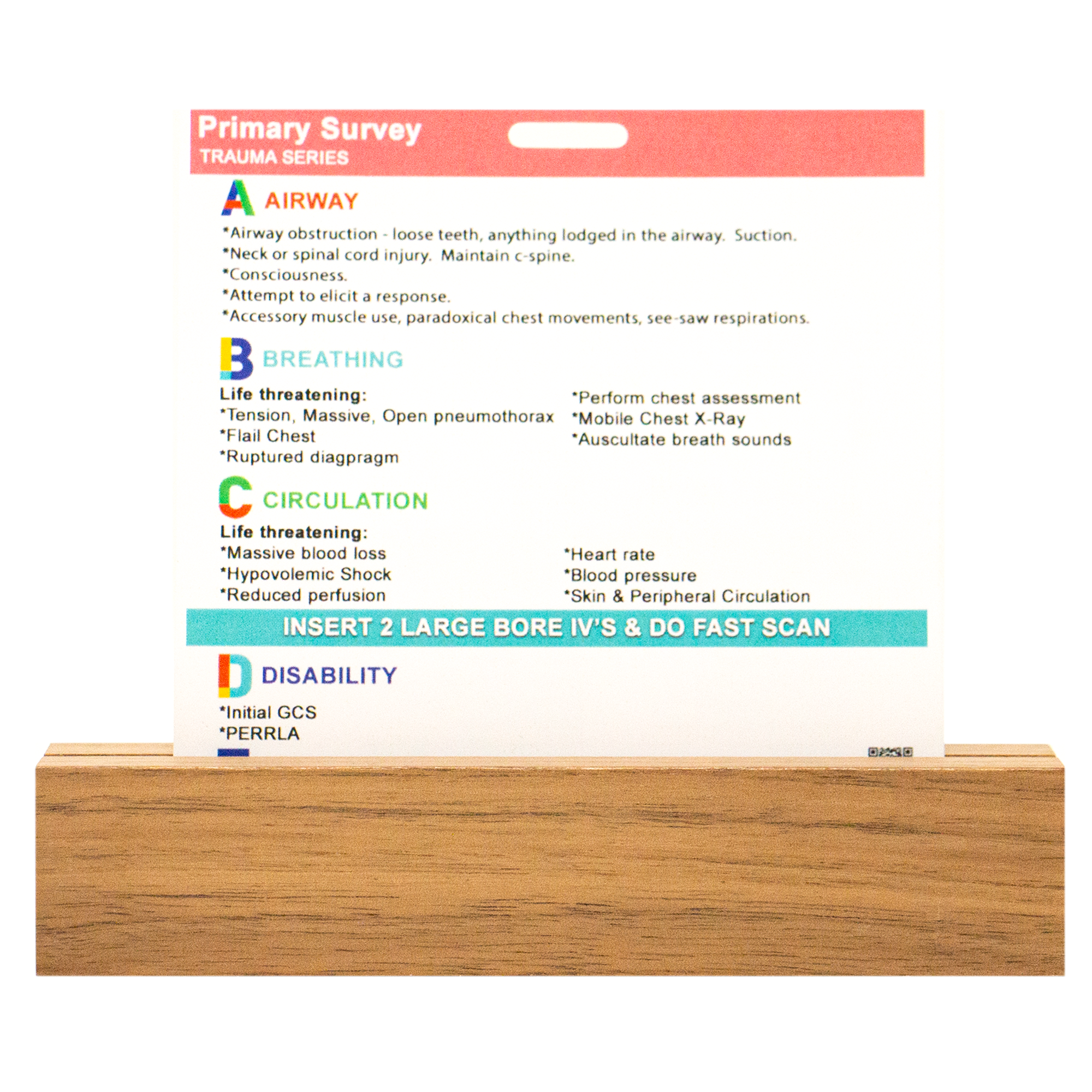 Side one of our primary / secondary survey badge buddy contains the ABCDE primary survey and information relating to this critical area of trauma nursing.