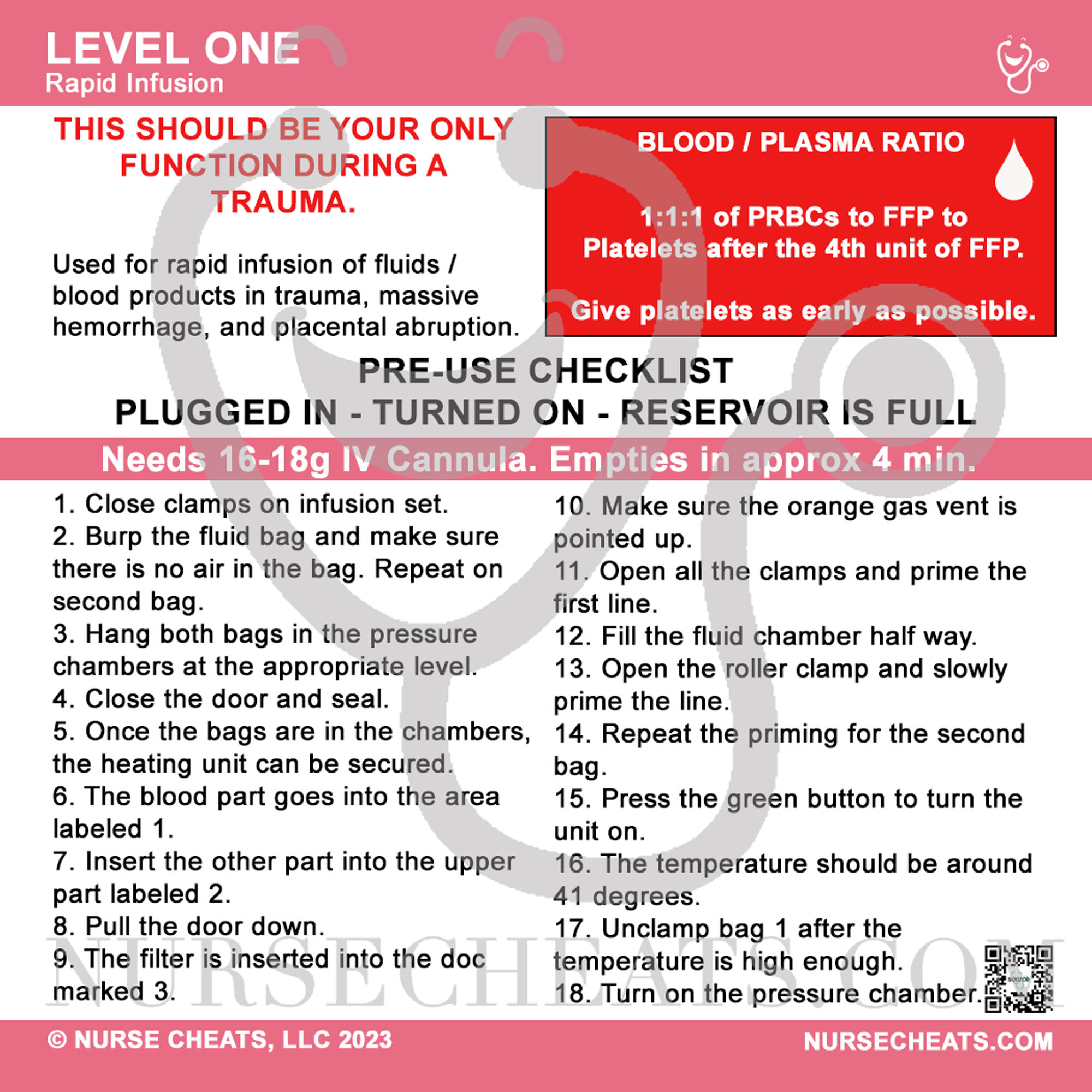 Side one of our Rapid Infusion badge buddy contains information about the Level One Rapid Infuser including directions and requirements as well as blood / plasma ratios.