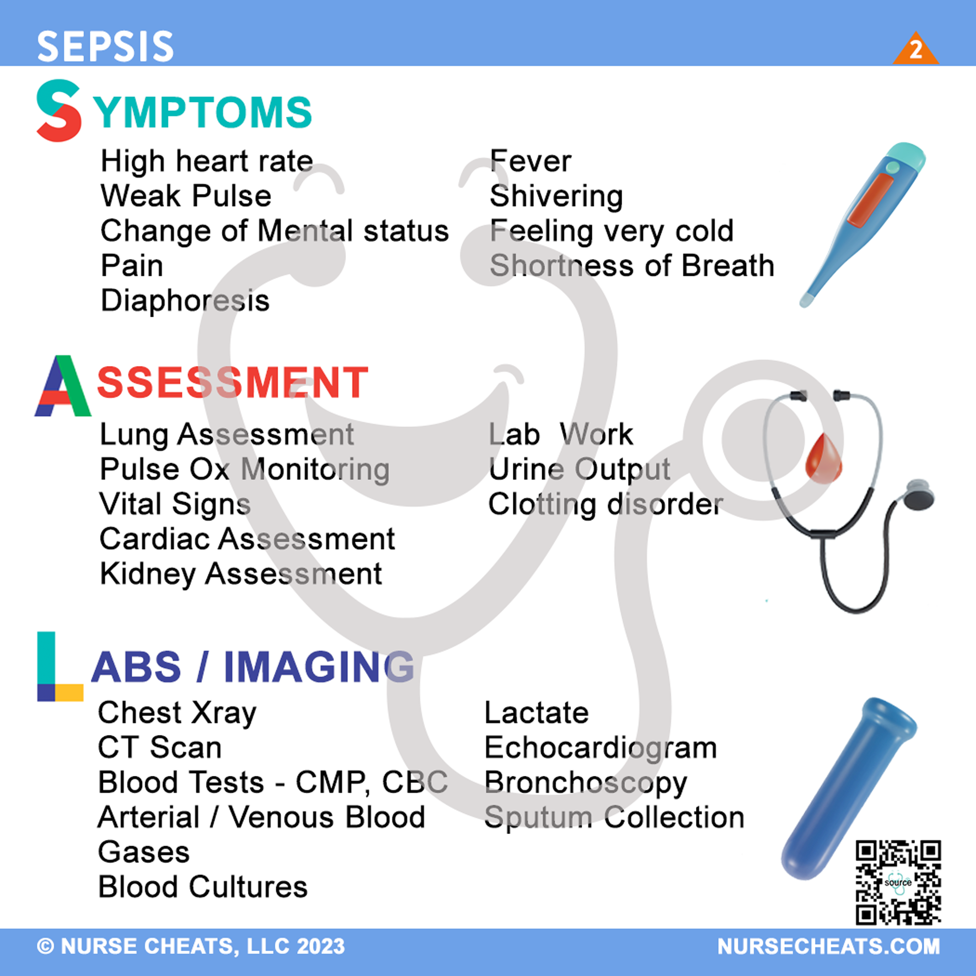 Side one of our sepsis badge buddy for nurses includes symptoms, assessments, and labs / imaging.